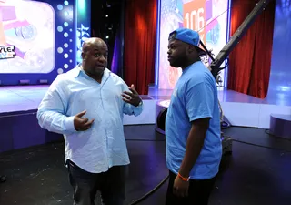 Here's What It Is - Producer Pat Charles talks to Freestyle Friday competitor Diggs at 106 &amp; Park, August 17, 2012. (Photo: John Ricard / BET).