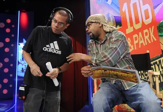 Juvenile Talks to the Stage Manager - Freestyle Friday judge Juvenile with stage manager Mike at 106 &amp; Park, August 17, 2012. (Photo: John Ricard / BET).