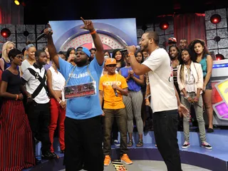 Hands Up - Sensing victory, Freestyle Friday competitor Diggs declares himself the winner at 106 &amp; Park, August 17, 2012. (Photo: John Ricard / BET).
