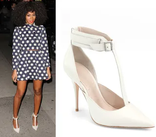 Solange Knowles - This isn’t the first time we’ve spied Solange rocking these dainty pointy-toe shoes from Elizabeth and James. Here she pairs her beloved T-strap pumps with a retro polka-dot suit from Moschino’s pre-fall collection for an appearance on The Late Show With David Letterman.  (Photos from left: PacificCoastNews.com, Saks Fifth Avenue)