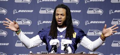 Richard Sherman Slammed With a Fine for Unsportsmanlike Conduct - Seattle Seahawks star Richard Sherman’s infamous NFC Championship behavior comes with a cost. The NFL fined the cornerback $7,875 for unsportsmanlike conduct/taunting after he did a choking gesture toward San Francisco QB Colin Kaepernick and made gestures toward Michael Crabtree. The league said the fine is not related to his infamous post-game interview.(Photo: Elaine Thompson/AP Photo)
