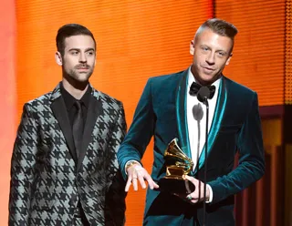 Macklemore and Ryan Lewis's Big Night - The &quot;Same Love&quot; rapper delivered a touching speech to commemorate the duo's win for Best New Artist.  (Photo: Kevork Djansezian/Getty Images)