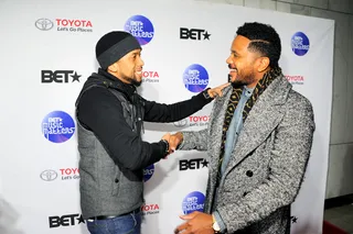 World's Collide - The Game Hosea Chanchez (R) and comedian Affion Crockett (L) exchange pleasantries before heading in to enjoy the evening's festivities.&nbsp;(Photo: Noel Vasquez/Getty Images for BET)