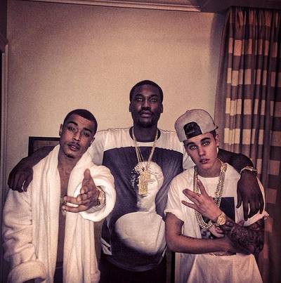 Meek Mill @meekmill - Literally taken the day before JB's big arrest, here he is enjoying freedom with Meek Mill and fellow jail-bird Khalill. Justin Bieber was caught red-handed January 23 for multiple charges stemming from a drag race with Def Jam singer Khalil. The Biebs, however, was released this morning on bond.(Photo: Meek Mill via Instagram)