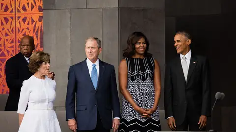 View of, from left, Congressman John Lewis, former First Lady Laura Bush, former President George W Bush, First Lady Michelle Obama, and President Barack Obama as they attend the opening of the National Museum of African American History and Culture, Washington DC, September 24, 2016. (Photo by David Hume Kennerly via Bank of America/Getty Images)