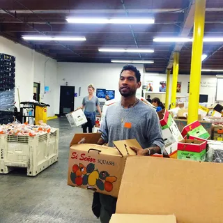 The Heavy Lifting - Miguel and his girlfriend Nazanin Mandi (not pictured) help the Los Angeles Regional Food Bank pack boxes of food for families for Thanksgiving dinner.&nbsp;(Photo: Miguel via Instagram)