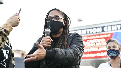 LOS ANGELES, CALIFORNIA - NOVEMBER 03: Filmmaker Ava DuVernay speaks at Black Lives Matter Los Angeles Hosts Election Day Marathon Party At The Polls at Staples Center on November 03, 2020 in Los Angeles, California. (Photo by Rodin Eckenroth/Getty Images)