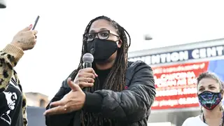 LOS ANGELES, CALIFORNIA - NOVEMBER 03: Filmmaker Ava DuVernay speaks at Black Lives Matter Los Angeles Hosts Election Day Marathon Party At The Polls at Staples Center on November 03, 2020 in Los Angeles, California. (Photo by Rodin Eckenroth/Getty Images)