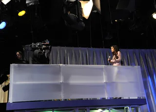 Hey Up There - Rocsi Diaz films a segment in the "crow's nest" at 106 &amp; Park, February 23, 2012. (Photo: John Ricard / BET)