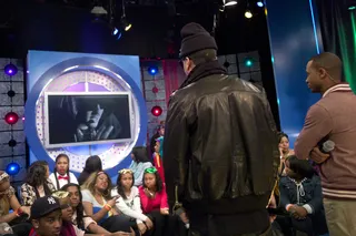 Checking It Out - French Montana and Terrence J watch as the premiere of "Shot Caller Remix" plays at 106 &amp; Park, February 21, 2012. (Photo: John Ricard / BET)
