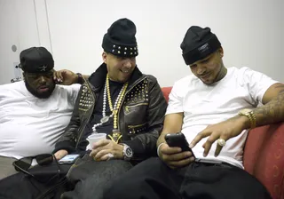 Hold On - Flip, French Montana and Chinx Drugz in the green room at 106 &amp; Park, February 21, 2012. (Photo: John Ricard / BET)