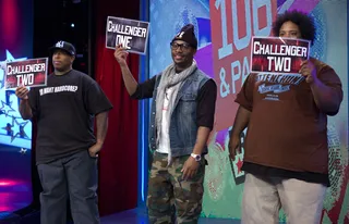 Hold Up - Freestyle Friday judges DJ Premier, Ron Browz and Bone Crusher decide for Kris Payne at 106 &amp; Park, February 17, 2012. (Photo: John Ricard / BET)