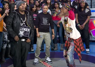 Don't Move - Freestyle Friday contestants J.Dose vs Kris Payne at 106 &amp; Park, February 17, 2012. (Photo: John Ricard / BET)