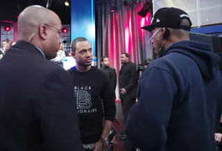 I Hear Ya - Terrence J chats with stage manager Chris and the head of security, Andre, at 106 &amp; Park, February 17, 2012. (Photo: John Ricard / BET)