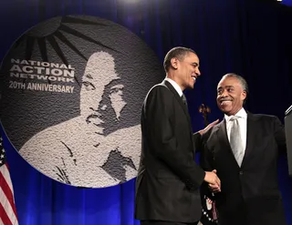 Keeping the Dream Alive - President Barack Obama is greeted by Rev. Al Sharpton before speaking at the National Action Network's Keepers of Dream Awards Gala in New York on Wednesday, April 6, 2011. (Photo: AP Photo/Pablo Martinez Monsivais)