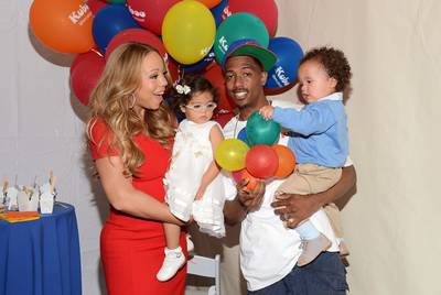 Mariah Carey and Nick Cannon - Mariah and Nick had a blue and pink theme for their two bundles of joy Moroccan and Monroe. The highlight was a baby book created by fans from 50 countries filled with well wishes for the stars entitled &quot;Always Be My Babies.&quot;  (Photo: Amanda Edwards/Getty Images)
