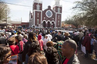 Blessings on History - People gather outside of the historic Brown Chapel AME Church in celebration for the commemoration of the 50th anniversary of the Voting Rights Act and Bloody Sunday.&nbsp;(Photo: Ty Wright/BET)