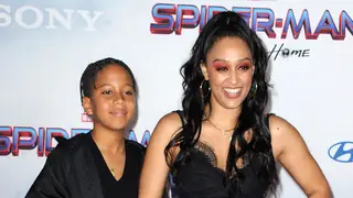 Tia Mowry and son Cree Hardrict attend Sony Pictures' "Spider-Man: No Way Home" Los Angeles Premiere held at The Regency Village Theatre on December 13, 2021 in Los Angeles, California. 