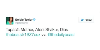 Goldie Taylor, @goldietaylor - The&nbsp;Daily Beast&nbsp;editor-in-chief helped spread the word about Afeni's death early this morning.(Photo: Goldie Taylor via Twitter)