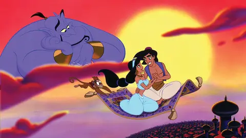 Aladdin (1992)
Directed by Ron Clements, John Musker
Shown from left: The Blue Genie of the Lamp (voice: Robin Williams), Princess Jasmine (voice: Linda Larkin), Aladdin 'Al'/Prince Ali Ababwa (voice: Scott Weinger)
