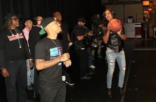 Like Mike - WNBA player Skylar Diggins (R) plays Bow Wow in a game of one-on-one basketball. (Photo: Bennett Raglin/BET/Getty Images for BET)