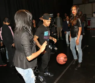 Who's Bad? - WNBA player Skylar Diggins (R) plays Bow Wow in a game of one-on-one basketball on the set of 106. (Photo: Bennett Raglin/BET/Getty Images for BET)