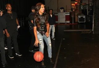 Dribble - Skylar Diggins shows Bow Wow how to dribble like a pro on 106. (Photo: Bennett Raglin/BET/Getty Images for BET)