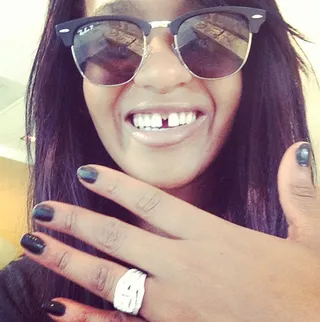 Bobbi Kristina Brown - Bobbi Kristina is clearly proud of the enormous rock Nick Gordon gifted her in July 2013. The couple never legally married, but Gordon has expressed his committment to her throughout her troubling health scare. The sparkler appears to be a princess-cut diamond with smaller diamonds surrounding the perimeter. Two blinged-out wedding bands anchor the look.   (Photo: Instagram via Bobbi Kristina)