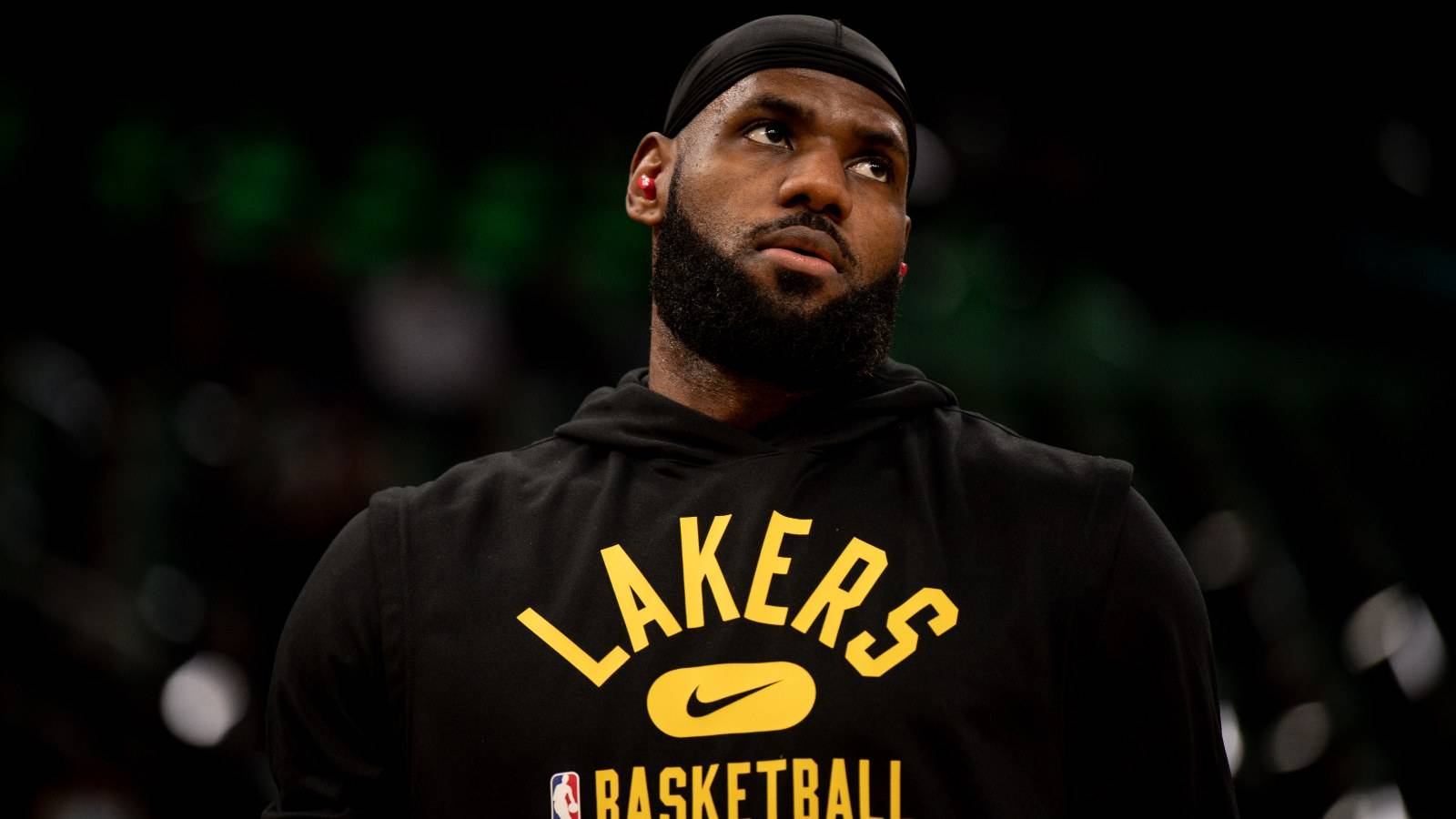 LeBron James #6 of the Los Angeles Lakers warms up before a game against the Boston Celtics at TD Garden on November 19, 2021 in Boston, Massachusetts. 