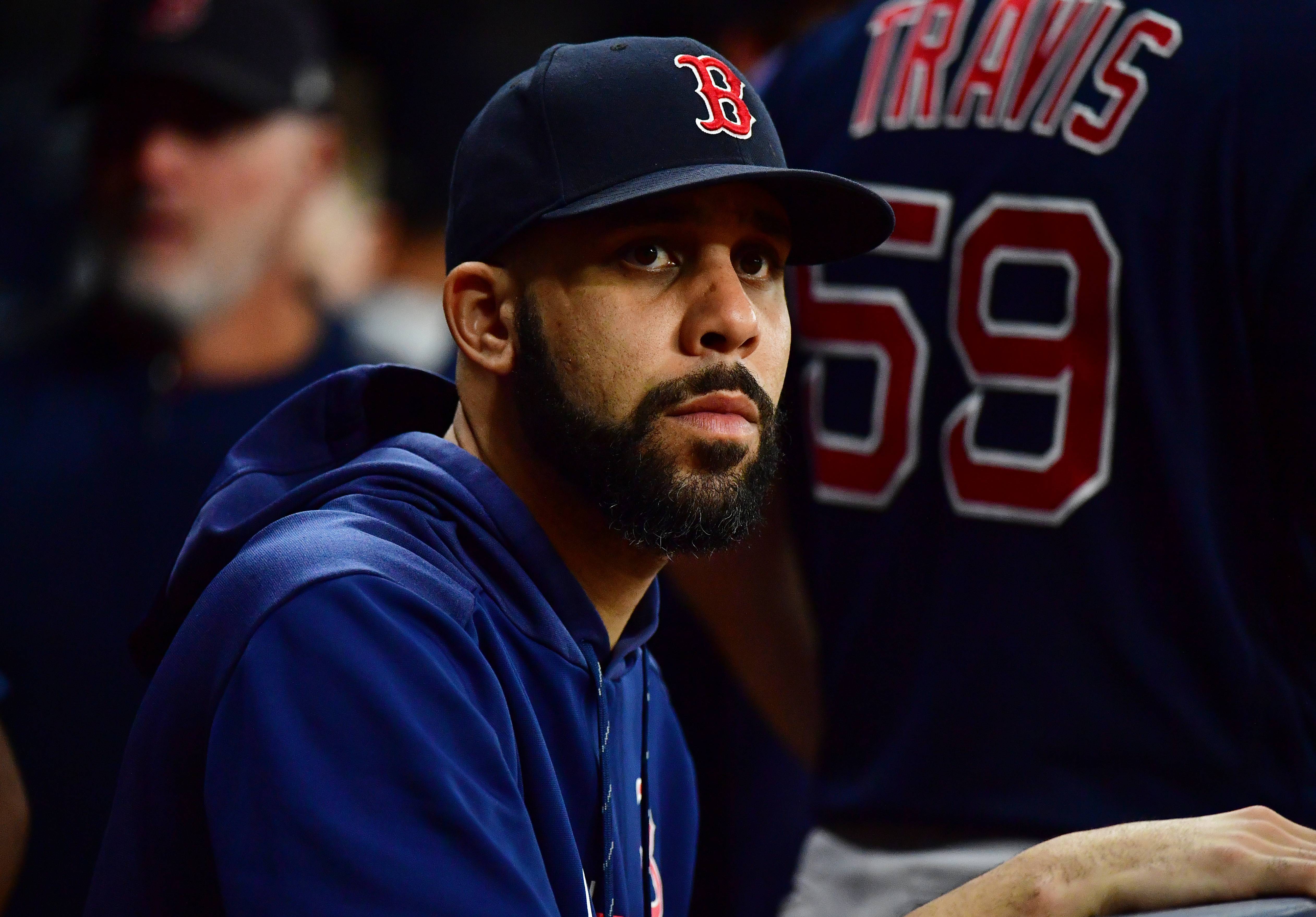 ST PETERSBURG, FLORIDA - SEPTEMBER 20: David Price #10 of the Boston Red Sox looks on during a game against the Tampa Bay Rays at Tropicana Field on September 20, 2019 in St Petersburg, Florida. (Photo by Julio Aguilar/Getty Images)