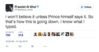 Felonious Munk - The politial comedian is in denial until Prince says otherwise.(Photo: Felonious Munk via Twitter)