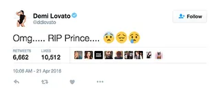 Demi Lovato - The singer was in shock over the news.(Photo: Demi Lovato via Twitter)