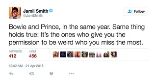 Jamil Smith - The voice actor compared Prince&nbsp;to David Bowie as two musicians we will miss the most.(Photo: Jamil Smith via Twitter)