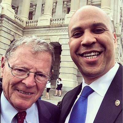 Sen. Jim Inhofe (R-Oklahoma) - &quot;We are from different parties and very different states but we have found a way to work together — we joined forces to get local governments resources and more authority for Brownfields remediation. #OneNation”   (Photo: Cory Booker via Instagram)