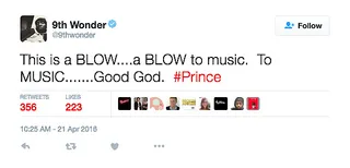 9th Wonder - One of the most respected names in Hip Hop production tweeted out the loss felt by the whole world of music.(Photo: 9th Wonder via Twitter)