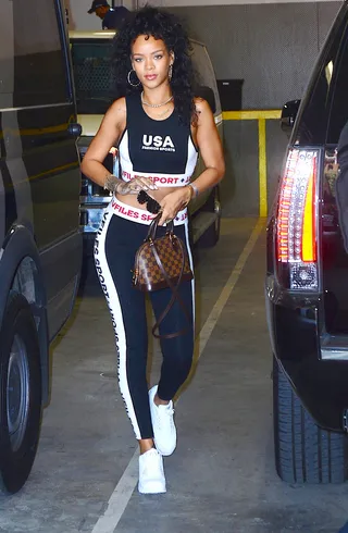 Fit Chick - Rihanna leaves an NYC gym wearing a two-piece spandex outfit by VFiles and all-white Air Max sneakers. &nbsp;(Photo: 247PapsTV / Splash News)