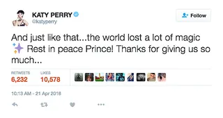 Katy Perry - The pop star felt the loss of Prince's&nbsp;magic.(Photo: Katy Perry via Twitter)