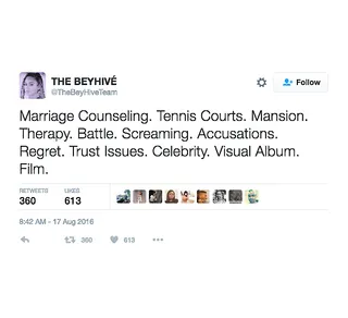 What's the album about? - Marriage counseling?! We're in for a doozy. The Beyhive should really become a government agency.(Photo: The Bey Hive Team via Twitter)
