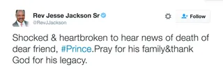 Rev Jesse Jackson Sr. - The activist and religious leader sent prayers to Prince and his family.(Photo: Rev. Jesse Jackson Sr via Twitter)