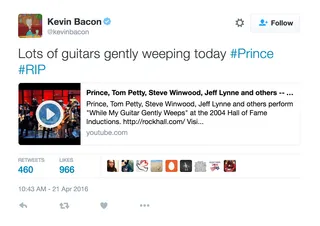 Kevin Bacon - The actor quoted the Beatles song to honor Prince.(Photo: Kevin Bacon via Twitter)