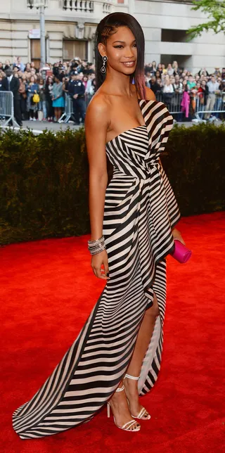 Chanel Iman - One of our favorite top models rocked the season’s hottest color combo in a black-and-white striped organza gown by J. Mendel.   (Photo: Larry Busacca/Getty Images)