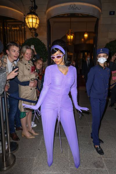 Paris Fashion Week-&nbsp;Ritz Hotel - Cardi B&nbsp;recently showed off her post-pregnancy curves in this stylish Richard Quinn ensemble. The fashionable moment was captured outside the Ritz Hotel shortly after the “Money” rapper attended the Messika Paris show during Paris Fashion Week.&nbsp; (Photo by Pierre Suu/GC Images)