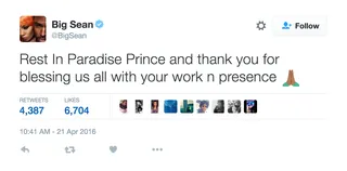Big Sean - The rapper thanked Prince for his many contributions.(Photo: Big Sean via Twitter)