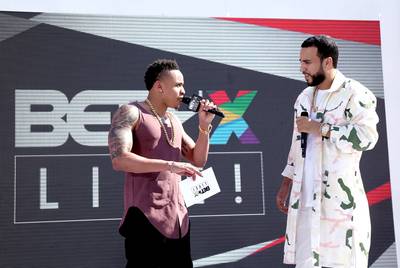 Actor Rotimi interviews rapper French Montana on the first day of BETX Live 2017.