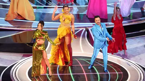 The performance of We Dont Talk About Bruno from Encanto with Becky G, Megan Thee Stallion, and Luis Fonsi during the show at the 94th Academy Awards at the Dolby Theatre at Ovation Hollywood on Sunday, March 27, 2022. (Myung Chun / Los Angeles Times via Getty Images)