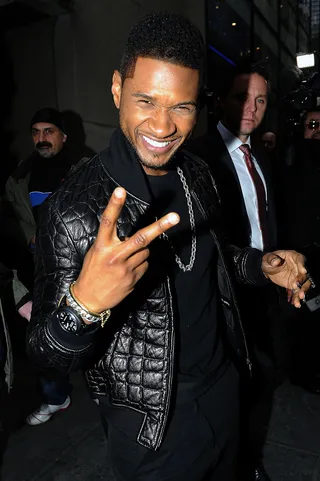 Peace Be With You - Singer Usher is in great spirits during a visit to the Today Show studios in Manhattan.  &nbsp;(Photo: Doug Meszler / Splash News)