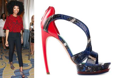 Brandy - If Brandy?s Alexander McQueen ?Armadillo? sandals could talk, they?d say ?pow!? every time they stepped into the room. Want.  (Photos from left: Winston Burris/WENN.com, Alexander McQueen)