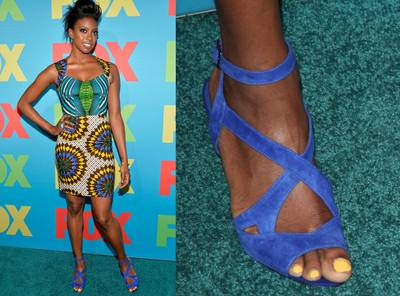 Condola Rashad - For the Broadway star, the more straps the better. Case in point: her blue suede cutout sandals which bring out all the colors of her dress beautifully. (Photos from left: Ben Gabbe/Getty Images, PNP/WENN.com)