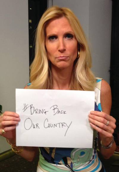 Ann Coulter Mocks #BringBackOurGirls Hashtag - Ann Coulter’s mocking of Nigeria’s #BringBackOurGirls campaign for the return of 200 kidnapped girls has backfired on her. The conservative media pundit posted a photo stating #BringBackOurCountry on Twitter. Users then mocked her back, replacing her message with words such as “'I have a dream' – Bob Marley” and “#BringMySoulBack.”(Photo: Ann Coulter via Twitter)