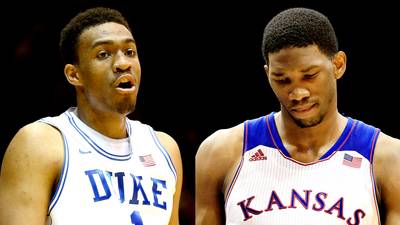 Top Three Prospects Not Participating in NBA Combine - Yahoo Sports is reporting that Duke forward Jabari Parker&nbsp;and&nbsp;Kansas stars Joel Embiid&nbsp;(pictured) and Andrew Wiggins—the top three prospects in the 2014 NBA Draft—will not participate in the league’s draft combine in Chicago beginning Thursday since there would be little for the trio to prove.(Photos from left: Streeter Lecka/Getty Images, Jamie Squire/Getty Images)